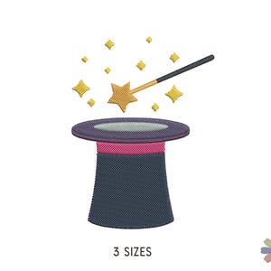 Puede incluir: Un sombrero de copa negro con una banda rosa y una varita mágica dorada con estrellas. La varita apunta hacia el sombrero.