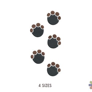 May include: An embroidery design featuring five dark gray animal paw prints arranged in a vertical pattern. Each paw print consists of a large circular pad and four smaller rounded toes in a light brown color. The text 4 SIZES is printed below.