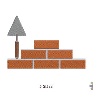 May include: A brick wall with a trowel, a tool used for spreading mortar, on top. The bricks are orange and the mortar is white. The trowel is silver and has a brown wooden handle. The image says "3 SIZES" at the bottom.