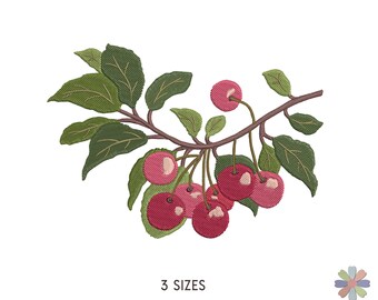 Cherry on Branch with Leaves Twinni Embroidery Design: Berries Scene (Multi Format Pattern)