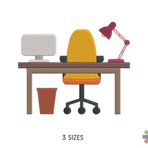 May include: A brown desk with a yellow office chair, a gray computer monitor, a brown trash can, and a pink desk lamp. The desk has a brown top and legs. The chair has a yellow back and seat, and a black base with five wheels. The computer monitor is gray and has a black base. The trash can is brown and has a round shape. The desk lamp has a pink base and a black arm. The lamp is on the right side of the desk. The image includes the text "3 SIZES".