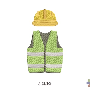 Op de afbeelding: Een groene en gele veiligheidsvest voor bouwvakkers met reflecterende strepen en een gele helm.