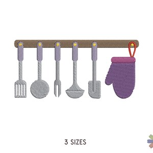 May include: A set of kitchen utensils hanging on a wooden rack, including a spatula, a ladle, a fork, a spoon, and a pot holder. The utensils are silver and the rack is brown. The pot holder is purple with a red loop.