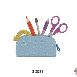 May include: A blue pencil case with a red pencil, a purple pen, a yellow pencil, a purple paintbrush, and pink scissors sticking out of the top.
