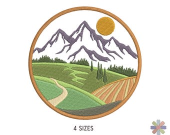Road Mountains via Hills Fields on Sunset Embroidery Design: Nature Scene (Multi Format Pattern)