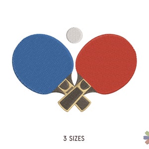 Peut inclure: Deux raquettes de ping-pong croisées, l'une bleue et l'autre rouge, avec une balle blanche au centre. Les raquettes sont croisées au niveau des manches, et la balle est positionnée au-dessus du point de croisement. L'image comprend le texte "3 SIZES".
