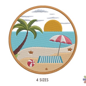 May include: Embroidered design of a beach scene with a palm tree, a beach umbrella, a beach towel, a beach ball, and a setting sun. The design is in a circle with a brown border.