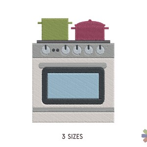 May include: White stove with an oven and four burners. There are two pots on the stove, one green and one red.