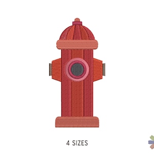 May include: Embroidered fire hydrant design in shades of red, with a circular center and two side nozzles. The text "4 SIZES" is displayed below the hydrant. The design is suitable for embroidery projects.