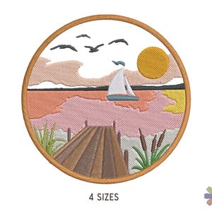 Red Sunset on Lake with Dock and Boat Embroidery Design: Nature Scene (Multi Format Pattern)