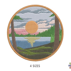 Sunset on Forest Lake Landscape Embroidery Design. Machine Embroidery Forest Pattern. Nature Scene. Instant Download Digital File