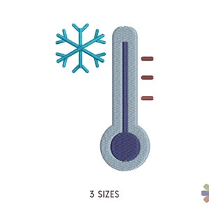 Pode incluir: Um floco de neve azul e um termômetro cinza com um bulbo azul e uma linha vermelha indicando a temperatura. O termômetro tem três linhas vermelhas indicando a temperatura.