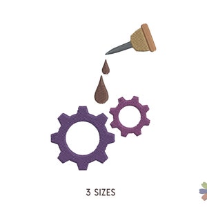 May include: Purple and brown gear with a brown oil can pouring oil on top. The text "3 SIZES" is below the image.