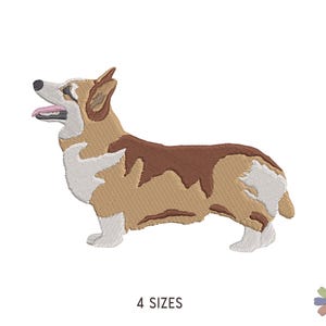 Könnte beinhalten: Ein gestickter Aufnäher mit dem Seitenprofil eines Corgi-Hundes mit beigem, braunem und weißem Fell. Der Hund hat ein offenes Maul, in dem eine rosa Zunge zu sehen ist. Unter dem Hund steht der Text 4 SIZES in einer einfachen, dunklen Schrift.