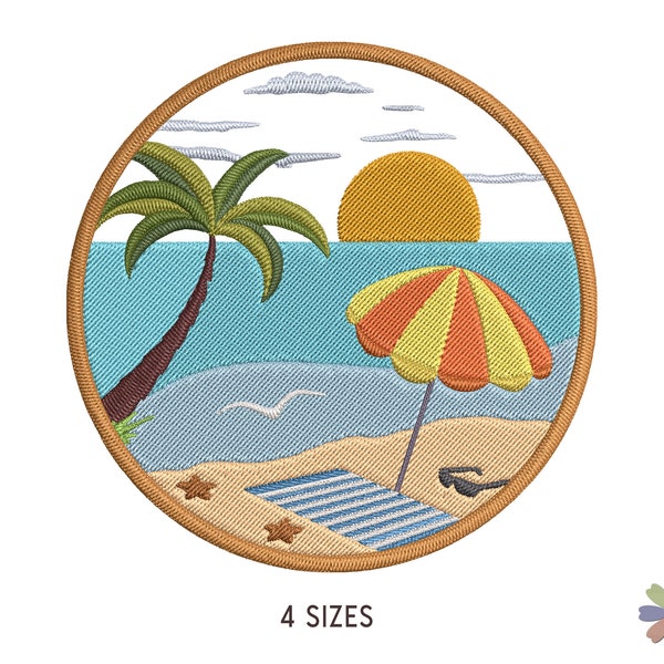 Beach Camping with Umbrella on Sunset Embroidery Design. Machine Embroidery Lifestyle Pattern. Multi Format. Instant Download Digital File