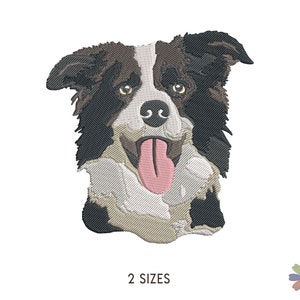 Peut inclure: Broderie représentant un chien de race Border Collie avec un pelage noir et blanc, des yeux bruns et la langue rose qui sort. Le chien regarde directement le spectateur.