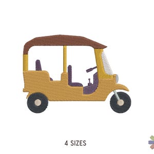 May include: Embroidered design of a yellow tuk-tuk with a brown roof, purple seats, and black wheels. The text "4 SIZES" is below the image. A floral design is in the lower right corner.