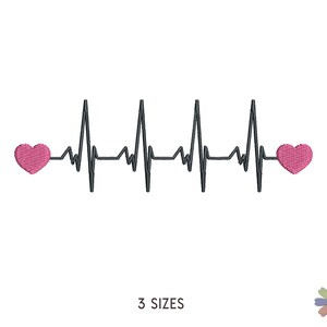 May include: Black and white line art of a heartbeat with two pink hearts on either end. The text "3 SIZES" is below the image.