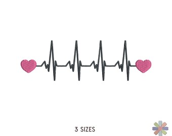 Heart Cardiogram with Couple Red Hearts Record Beat Embroidery Design. Machine Embroidery Medic Pattern. Instant Download Digital File
