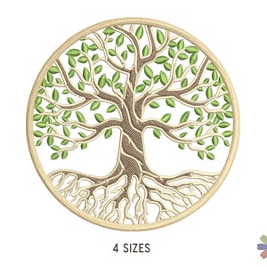 May include: Embroidered design of a tree of life with green leaves and brown branches, surrounded by a beige circle. The tree has roots that extend outward from the base of the trunk. The design is perfect for embroidery projects.