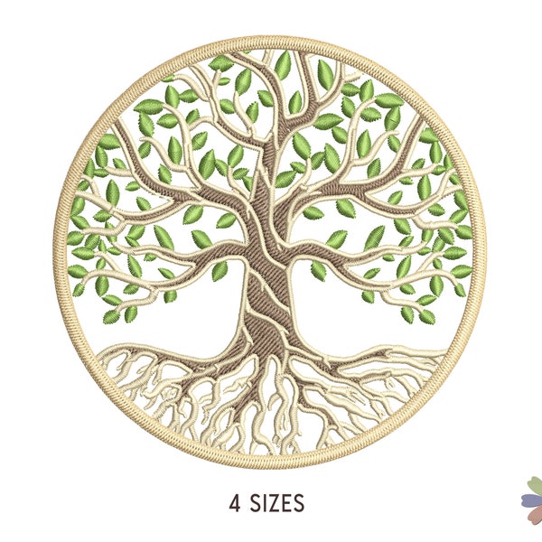 Tree of Life with Roots and Green Leaves Embroidery Design. Machine Embroidery Pattern. Nature Scene. Instant Download Digital File