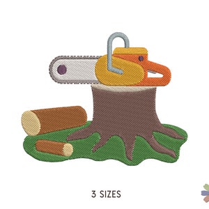 Chain Saw on Tree Wood Log Carpentry Tools Embroidery Design. Machine Embroidery Woodworking Scene Pattern. Instant Download Digital File