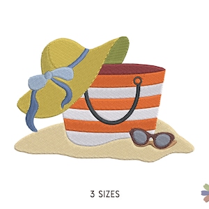 Lunettes de soleil et chapeau de femme et sac sur la conception de broderie de sable. Motif de broderie machine. Outils de style de vie. Téléchargement instantané du fichier numérique