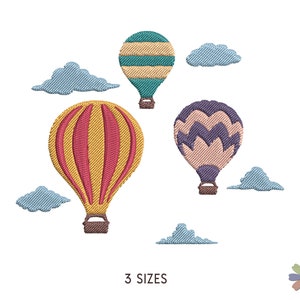 May include: Three hot air balloons in various colours and patterns, including yellow, red, green, and purple, with blue clouds in the background. The text "3 SIZES" is at the bottom of the image.