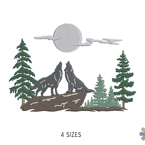 May include: An embroidery design featuring two dark grey wolves howling on a brown rock formation. The scene includes dark green pine trees on both sides, a large light grey moon above, and thin clouds. The text 4 SIZES is printed at the bottom.