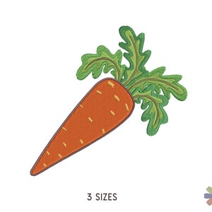 Könnte beinhalten: Eine orangefarbene Karotte mit grünen Blättern. Die Karotte ist ein einfaches, cartoonartiges Design mit ein paar Linien, um die Textur der Karotte darzustellen.
