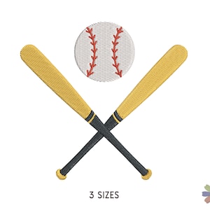 May include: Two yellow baseball bats crossed over each other with a white baseball with red stitching in the center. The text "3 SIZES" is below the bats.
