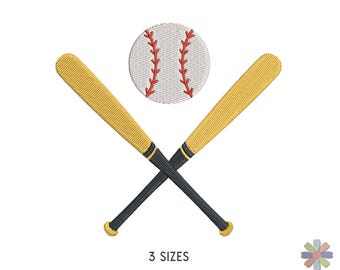 May include: Two yellow baseball bats crossed over each other with a white baseball with red stitching in the center. The text "3 SIZES" is below the bats.