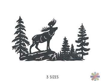 Walking Moose in Pine Fir Forest Twinni Embroidery Design. Machine Embroidery Pattern. Animals Scene. Instant Download Digital File