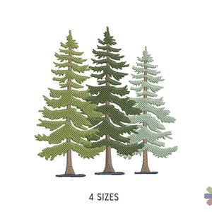 May include: An embroidery design featuring three evergreen trees in varying shades of green, ranging from light lime to dark forest green and a pale sage. The trees have textured needlework details and brown trunks. The text 4 SIZES is printed below.