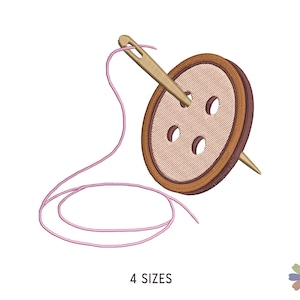 May include: A brown button with four holes is threaded with pink thread and a wooden needle.