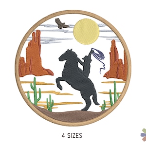 Cowboy on Horse with Rope on Way via Rocks Embroidery Design Twinni. Machine Embroidery Lifestyle Pattern. Instant Download Digital File