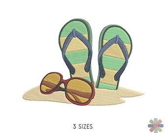Sonnenbrille und Flip Flops auf Sand Camping Stickmuster. Maschinenstickmuster. Lifestyle-Tools. Sofortiger Download Digitale Datei
