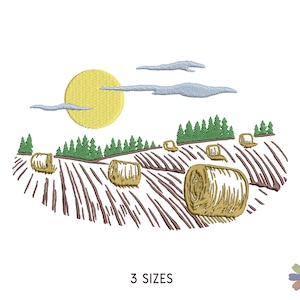 Sonnenuntergang auf Heuwiese und Wald Embroidery Design. Maschinenstickerei Waldmuster. Natur Szene. Sofortiger Download Digitale Datei