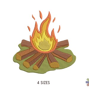 May include: Embroidered design of a campfire with orange flames and brown logs on a green background. The design is available in four sizes.
