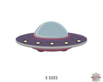 May include: A purple and grey UFO with a light blue dome and five yellow lights. The UFO is a digital embroidery design.