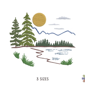 May include: Embroidered design of a lake scene with two green pine trees, a yellow sun, blue mountains, and a blue lake. The design includes green grass and a winding path.