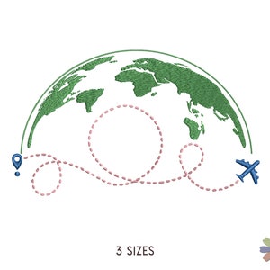 Viajando alrededor del mundo por diseño de bordado de avión. Patrón de bordado a máquina. Archivos multiformato. Archivo digital de descarga instantánea
