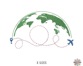 Reisen um die Welt von Flugzeug Embroidery Design. Maschinenstickmuster. Multi Format Dateien. Sofortiger Download Digitale Datei