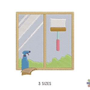 May include: An embroidered design of a window with a squeegee and spray bottle, suggesting a cleaning theme. The window is framed in brown and has a light blue background with green grass at the bottom.