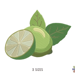 May include: Embroidered design of a green lime with a slice, featuring a detailed illustration of the fruit's texture and a leafy stem.