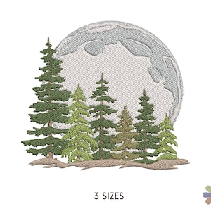 May include: Embroidered design of a full moon with a group of evergreen trees in front of it. The moon is a light grey colour and the trees are green and brown. The design is perfect for a nature-themed embroidery project.