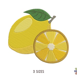 Può includere: Disegno ricamato di un limone giallo con una foglia verde e una fetta di limone con un centro giallo e bianco.