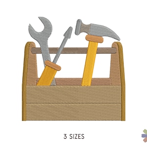 May include: A brown wooden toolbox with a yellow handle. Inside the toolbox are a wrench, a screwdriver, and a hammer.