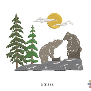 Couple Bear in Pine Fir Forest Onni Embroidery Design. Machine Embroidery Pattern. Animals Scene. Instant Download Digital File