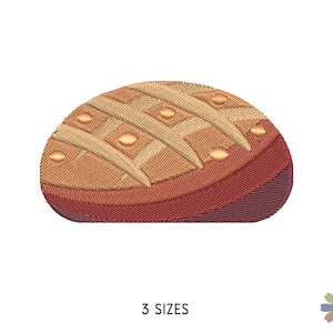 May include: Embroidered patch of a brown and red pie with a lattice crust and gold accents.